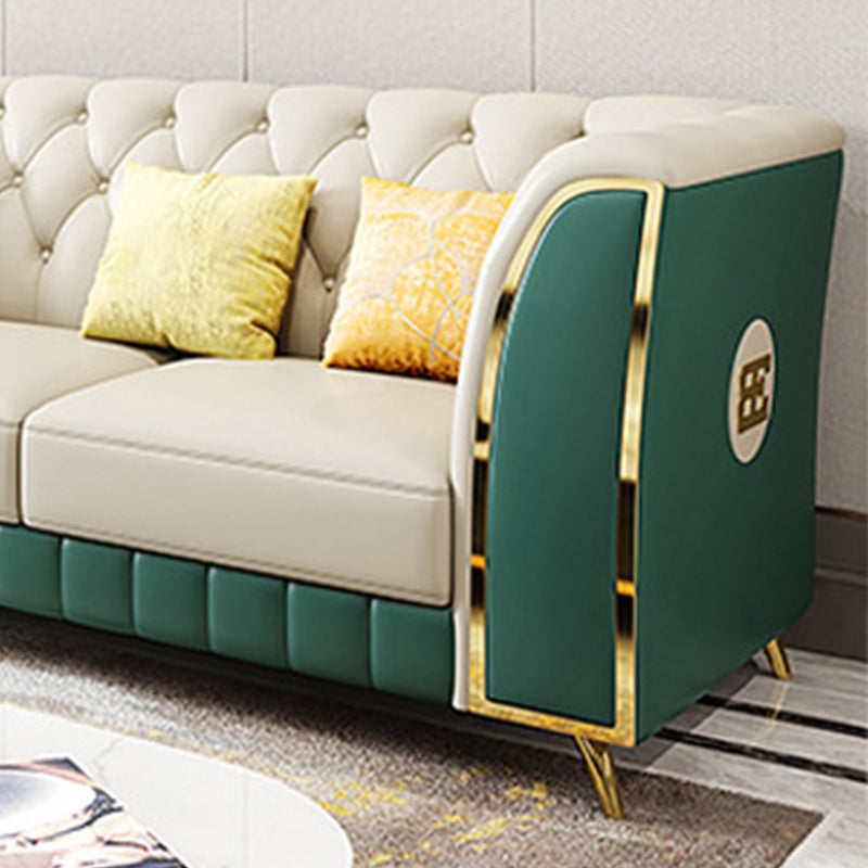 Genuine Leather Luxurious Sectional Tufted Back Sofa & Chaise with 5 Pillows