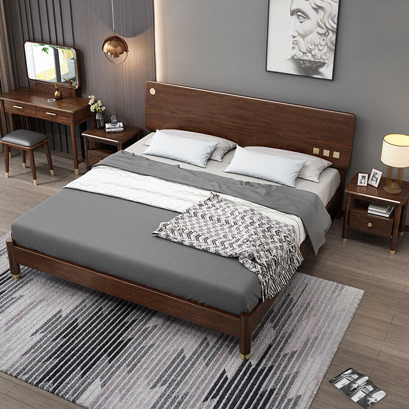 Traditional Espresso Panel Bed Walnut Rectangular Standard Bed with Headboard