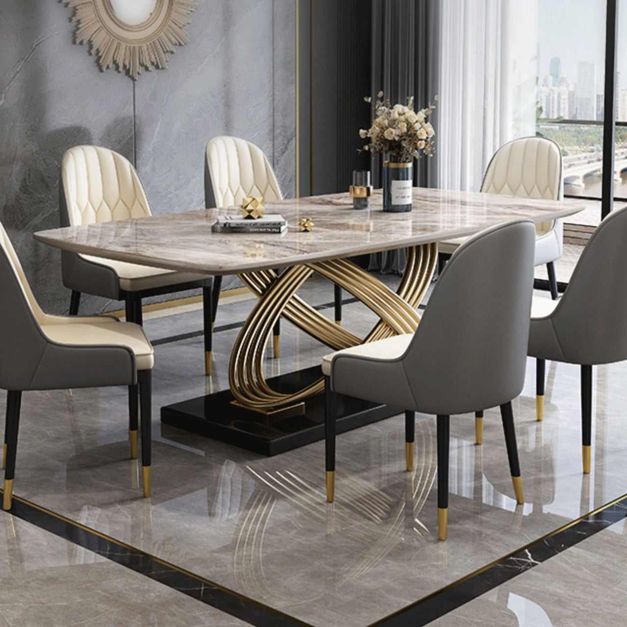 Glam Style Dining Sintered Stone Table Dining Rectangle Table with Metal Legs for Home