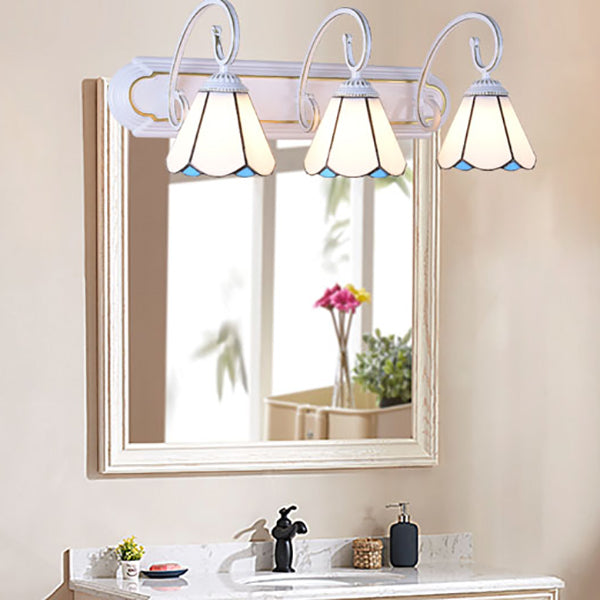 3 Heads Wall Mount Light Tiffany Cone White/Blue Glass Vanity Sconce Light for Bathroom