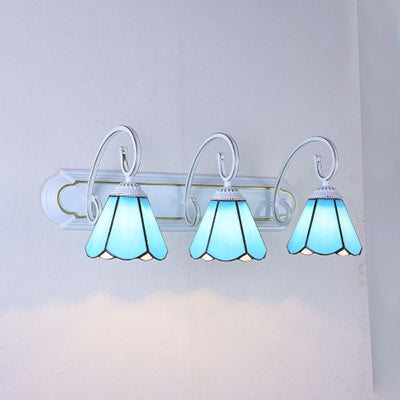 3 Heads Wall Mount Light Tiffany Cone White/Blue Glass Vanity Sconce Light for Bathroom