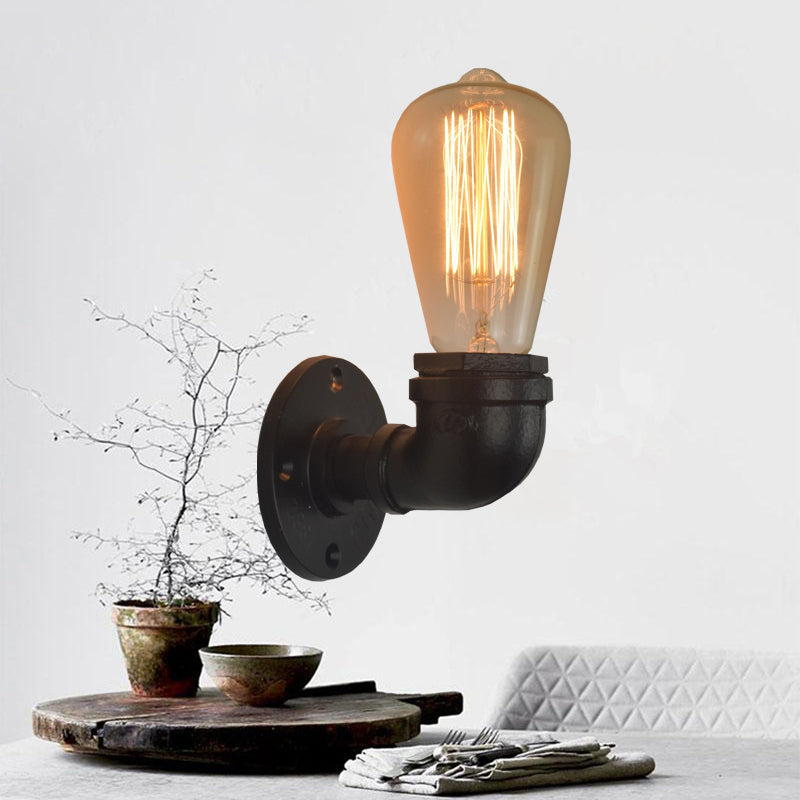 Industrial Style Pipe Shape Wall Sconce Metal 1 Light Sconces in Black for Bedroom