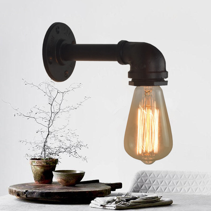 Industrial Style Pipe Shape Wall Sconce Metal 1 Light Sconces in Black for Bedroom