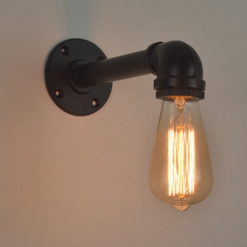 Industrial Style Pipe Shape Wall Sconce Metal 1 Light Sconces in Black for Bedroom