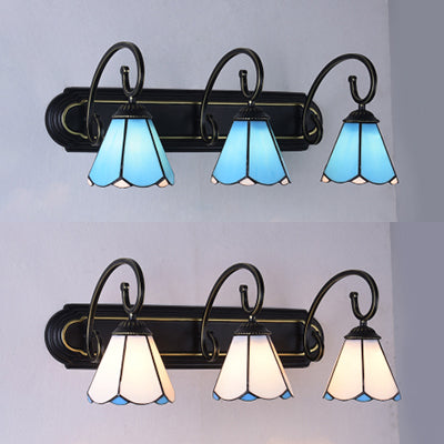 3 Heads Bathroom Wall Light Fixture Tiffany Black Sconce Light with Lily White/Blue Glass Shade