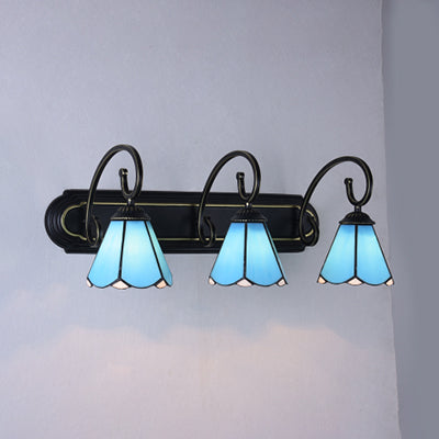 3 Heads Bathroom Wall Light Fixture Tiffany Black Sconce Light with Lily White/Blue Glass Shade