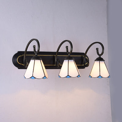 3 Heads Bathroom Wall Light Fixture Tiffany Black Sconce Light with Lily White/Blue Glass Shade