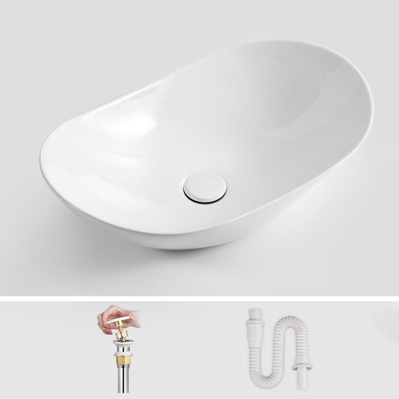 Modern Bathroom Sink Pop-Up Drain Porcelain Oval-Shape Vessel Bathroom Sink
