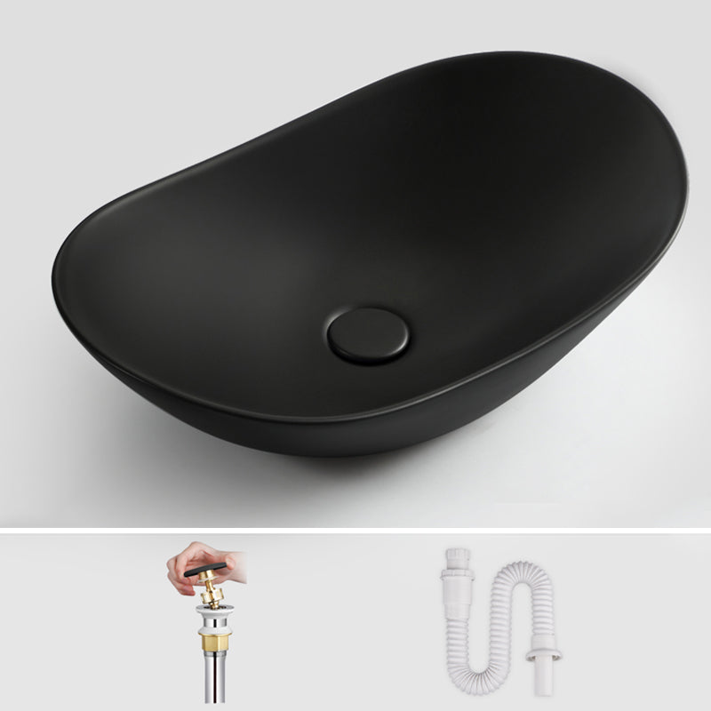 Modern Bathroom Sink Pop-Up Drain Porcelain Oval-Shape Vessel Bathroom Sink