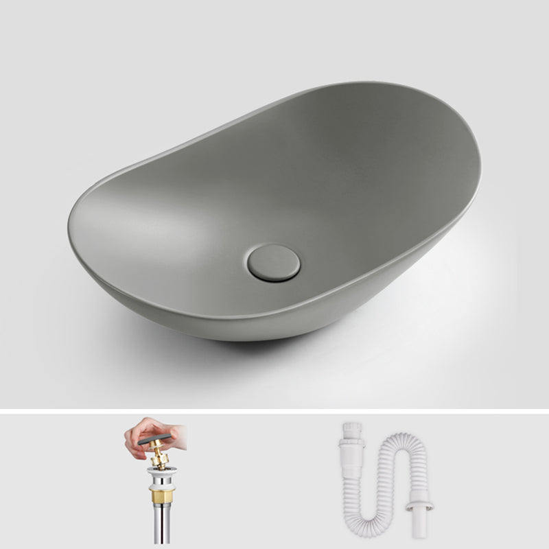Modern Bathroom Sink Pop-Up Drain Porcelain Oval-Shape Vessel Bathroom Sink
