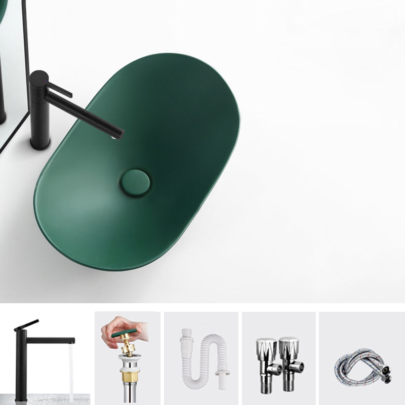 Modern Bathroom Sink Pop-Up Drain Porcelain Oval-Shape Vessel Bathroom Sink