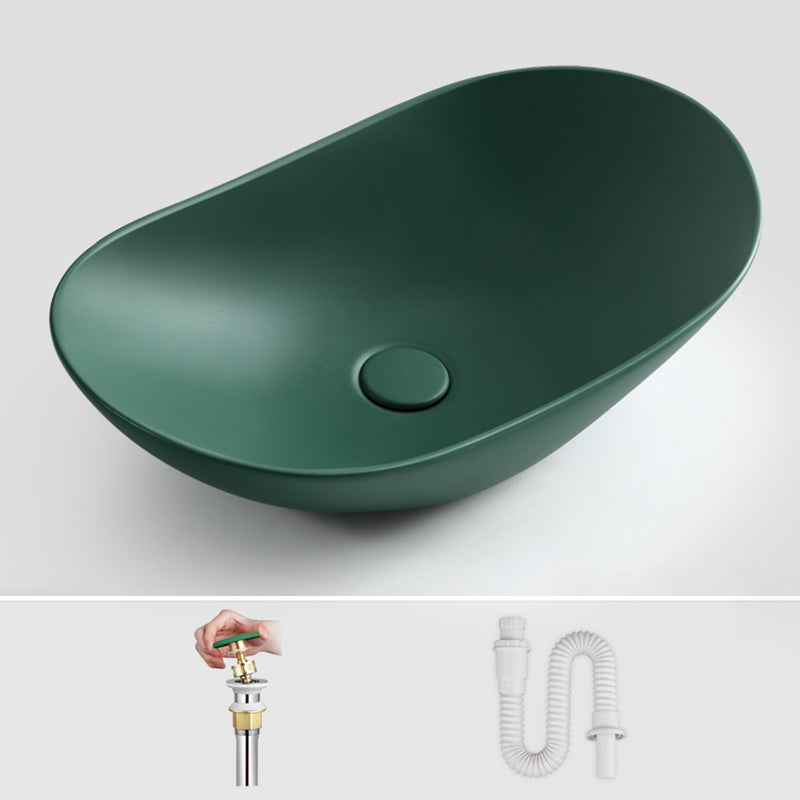 Modern Bathroom Sink Pop-Up Drain Porcelain Oval-Shape Vessel Bathroom Sink