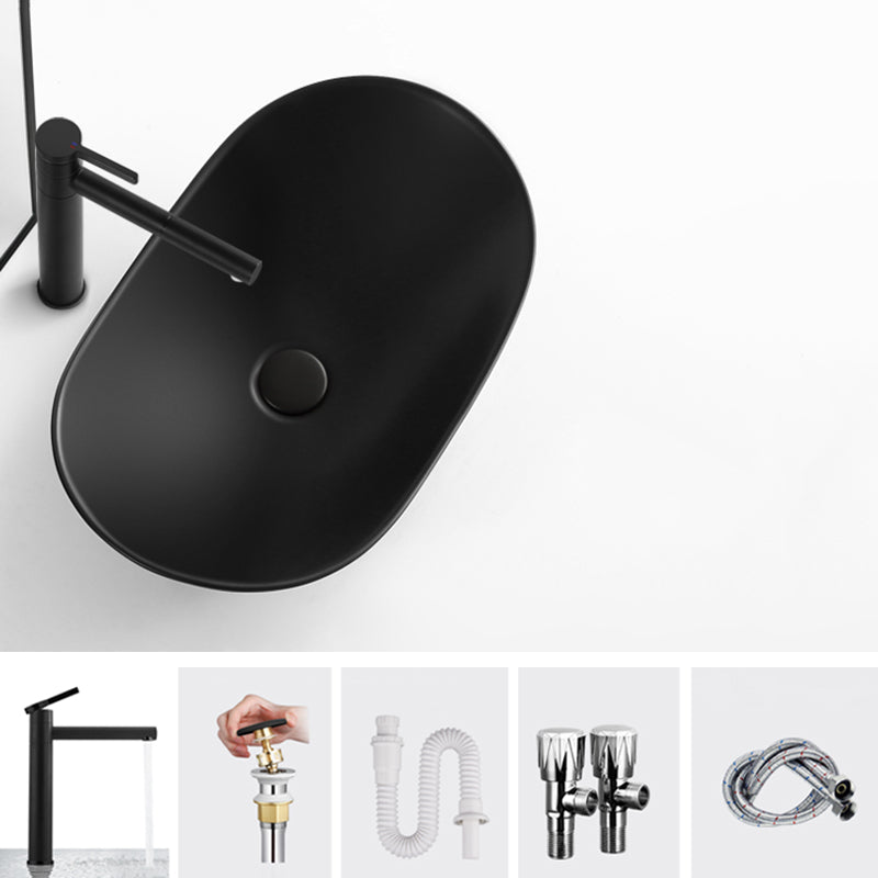 Modern Bathroom Sink Pop-Up Drain Porcelain Oval-Shape Vessel Bathroom Sink