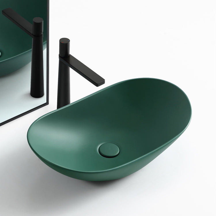 Modern Bathroom Sink Pop-Up Drain Porcelain Oval-Shape Vessel Bathroom Sink