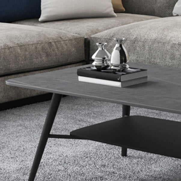 Cross Legs Rectangular Slate Coffee Cocktail Table in Gray with Shelf