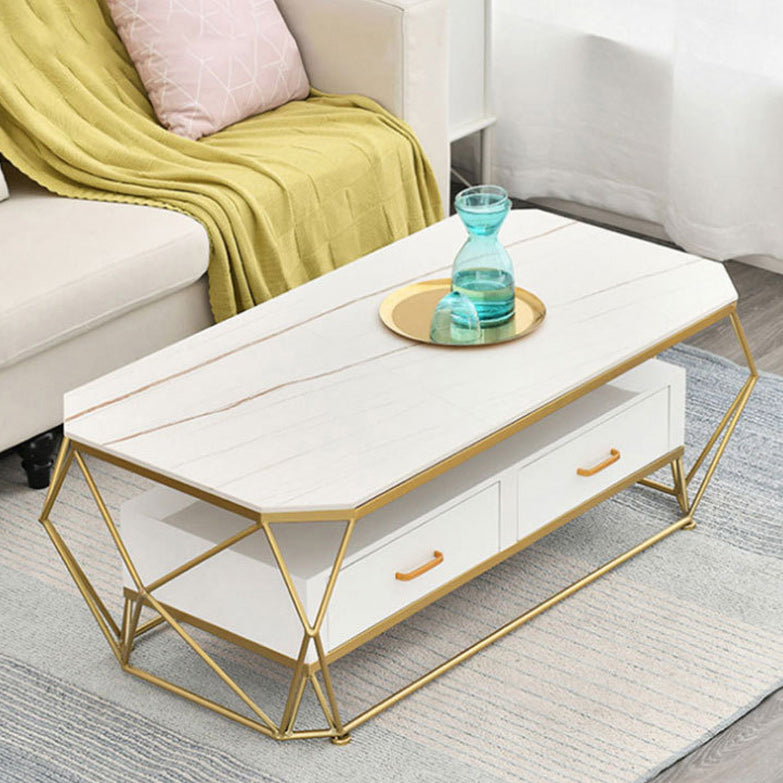 Slate Rectangular Coffee Table Golden Frame Abstract Cocktail Table with Drawer