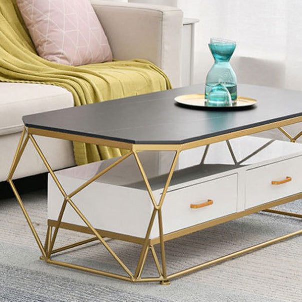 Slate Rectangular Coffee Table Golden Frame Abstract Cocktail Table with Drawer