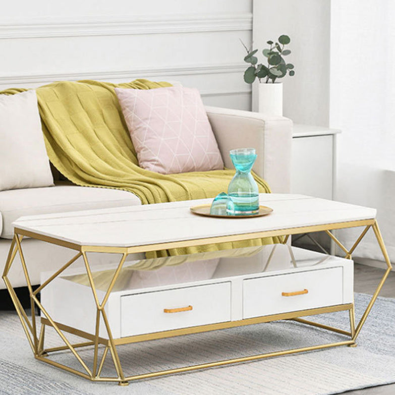 Slate Rectangular Coffee Table Golden Frame Abstract Cocktail Table with Drawer