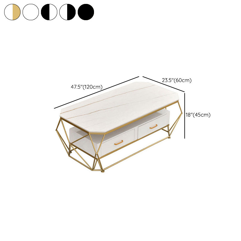Slate Rectangular Coffee Table Golden Frame Abstract Cocktail Table with Drawer