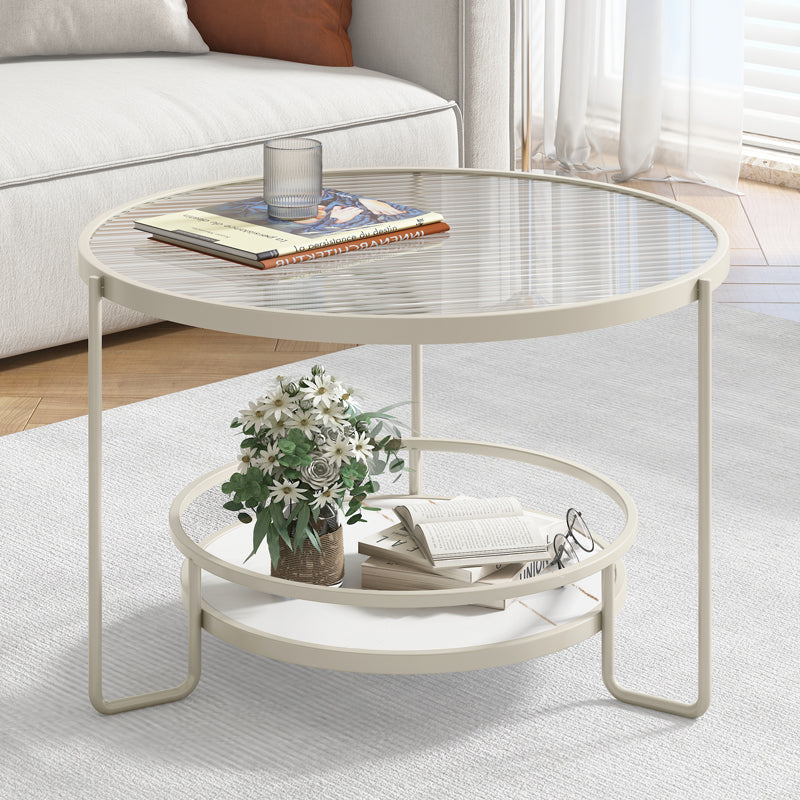 17.7" H Round Glass Coffee Table Iron 3 Legs Cocktail Table with Slate Shelf