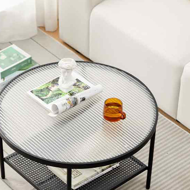 Modern 17.7"H Round Glass Cocktail Table Iron 4 Legs Coffee Table with Shelf