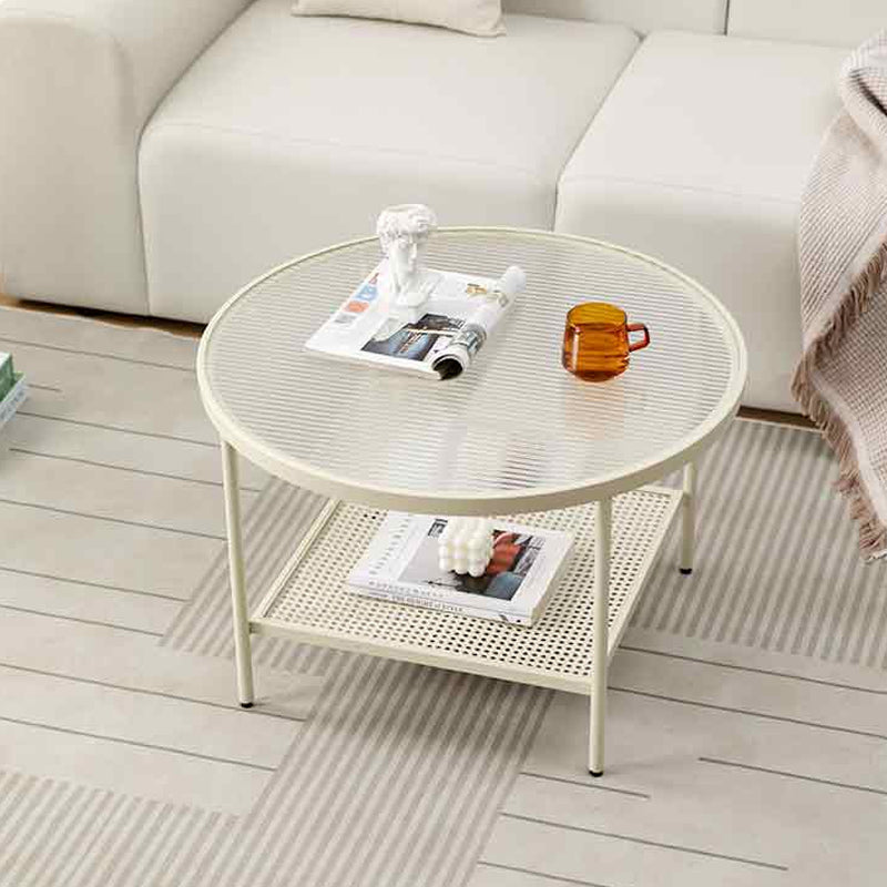 Modern 17.7"H Round Glass Cocktail Table Iron 4 Legs Coffee Table with Shelf