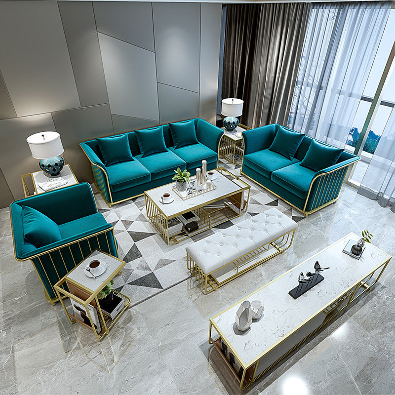 27.5" H Contemporary Blue Velvet Tuxedo Arm Sofa with Pillows