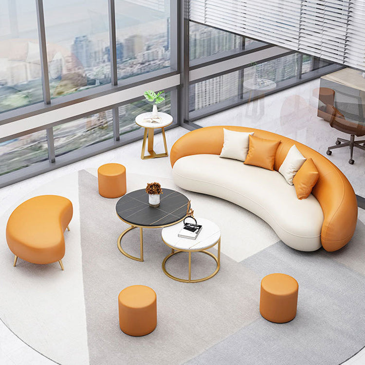 Contemporary Orange and White Curved Sofa in Leather with Sloped Arms