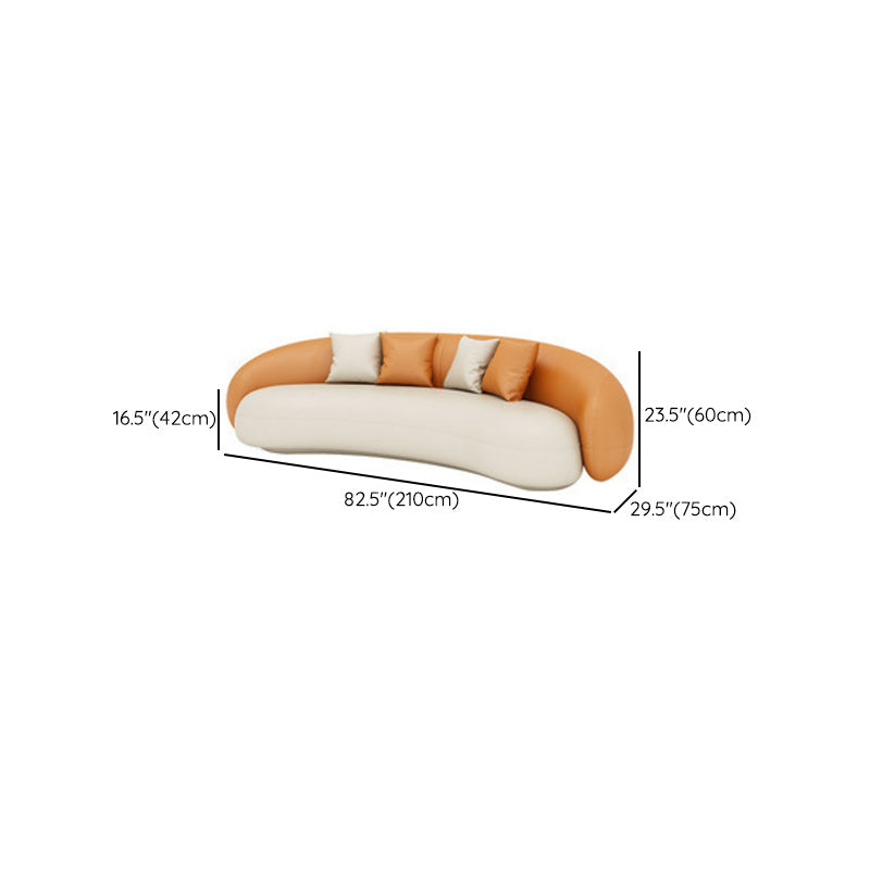 Contemporary Orange and White Curved Sofa in Leather with Sloped Arms