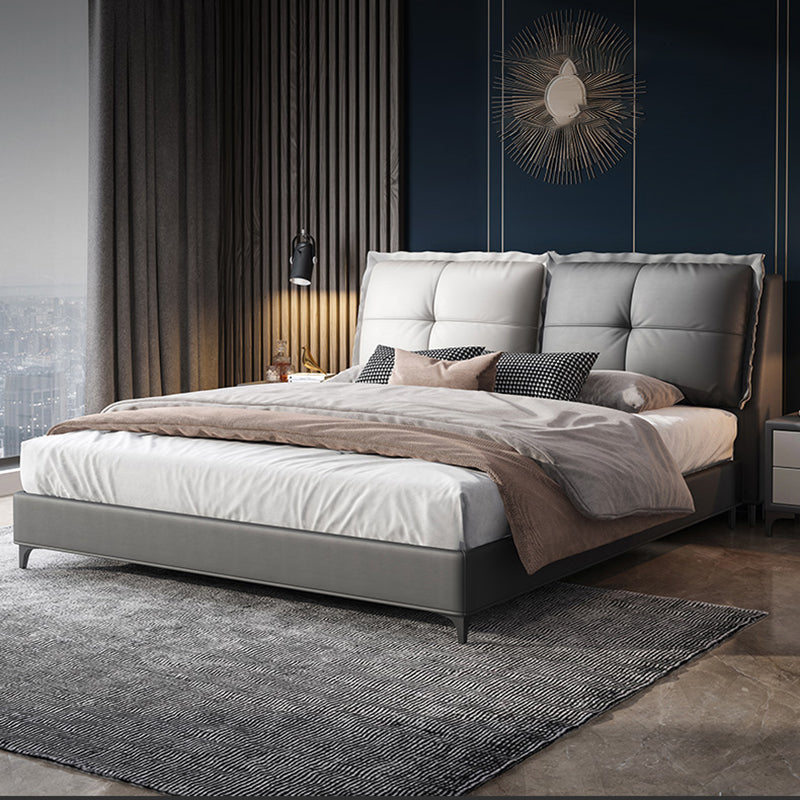 Solid Color Panel Bed Mid-Century Modern Solid Wood Standard Bed with Headboard