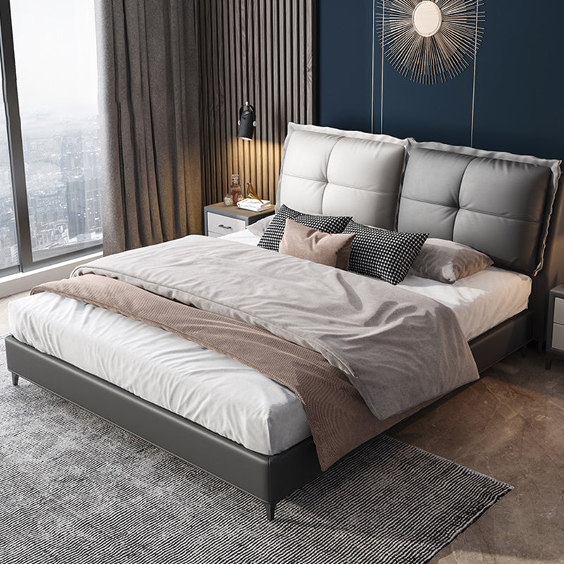 Solid Color Panel Bed Mid-Century Modern Solid Wood Standard Bed with Headboard