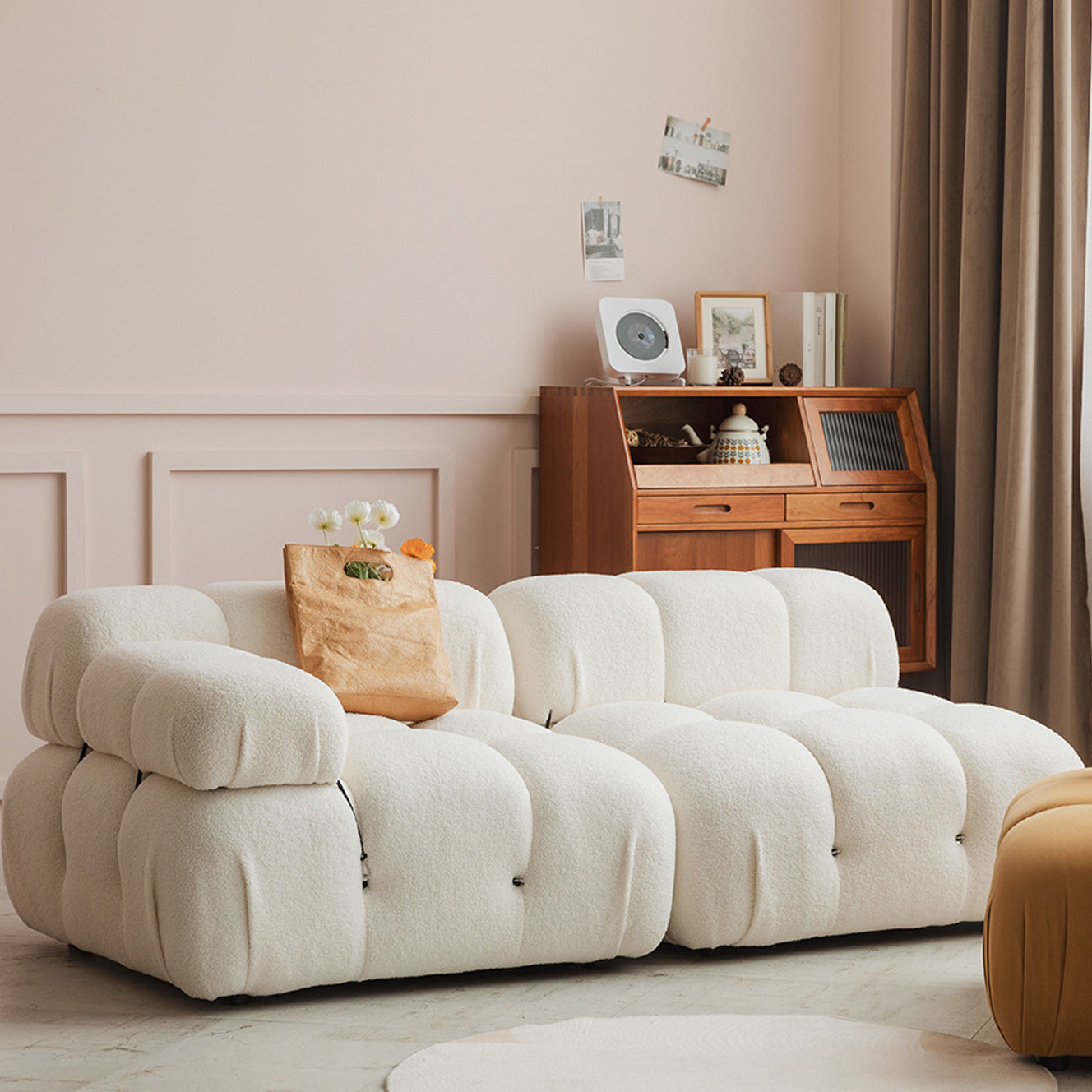 Tufted Sofa Contemporary Pillow Top Arm Tight Back Sofa in Cream