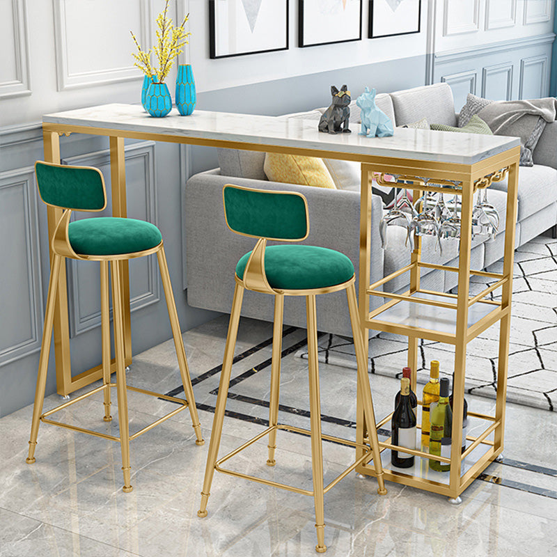 White Metal Pub Table with Faux Marble Top Modern Bar Table with 2 Shelves