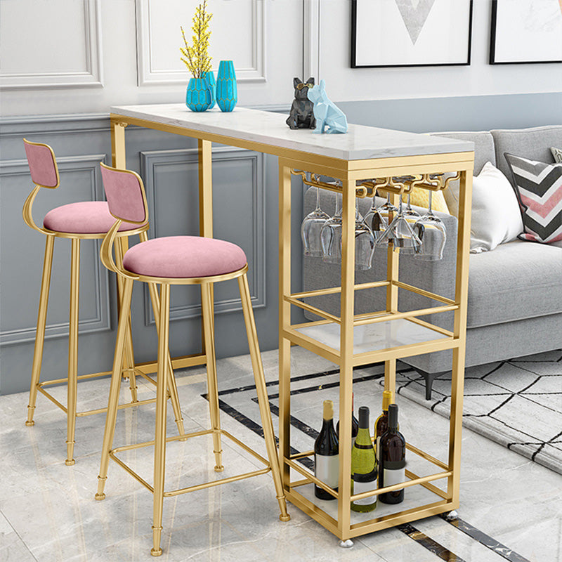 White Metal Pub Table with Faux Marble Top Modern Bar Table with 2 Shelves