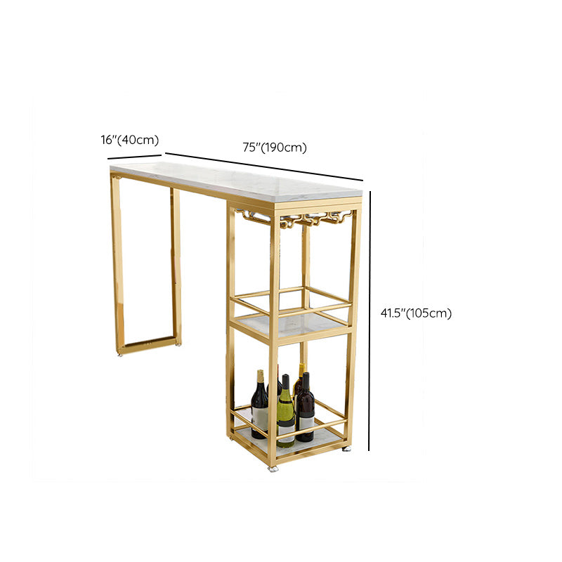 White Metal Pub Table with Faux Marble Top Modern Bar Table with 2 Shelves