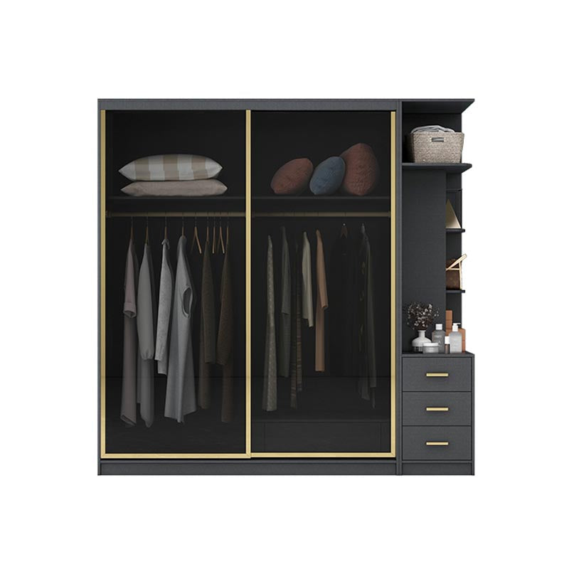 Modern Sliding Door Wardrobe for Bedroom Black Cabinet with Glass Doors