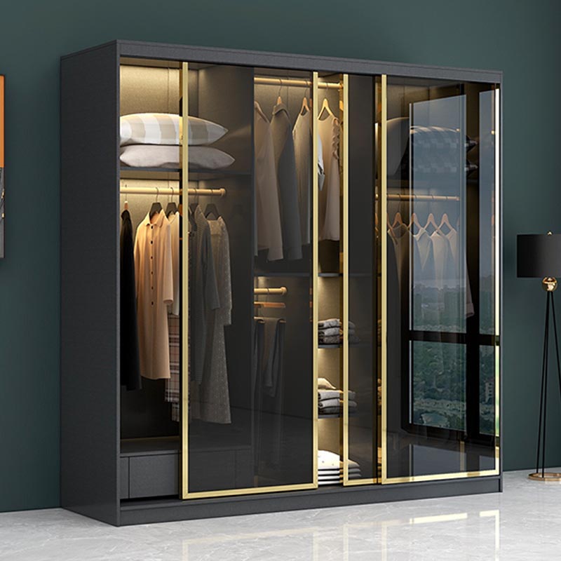 Modern Sliding Door Wardrobe for Bedroom Black Cabinet with Glass Doors