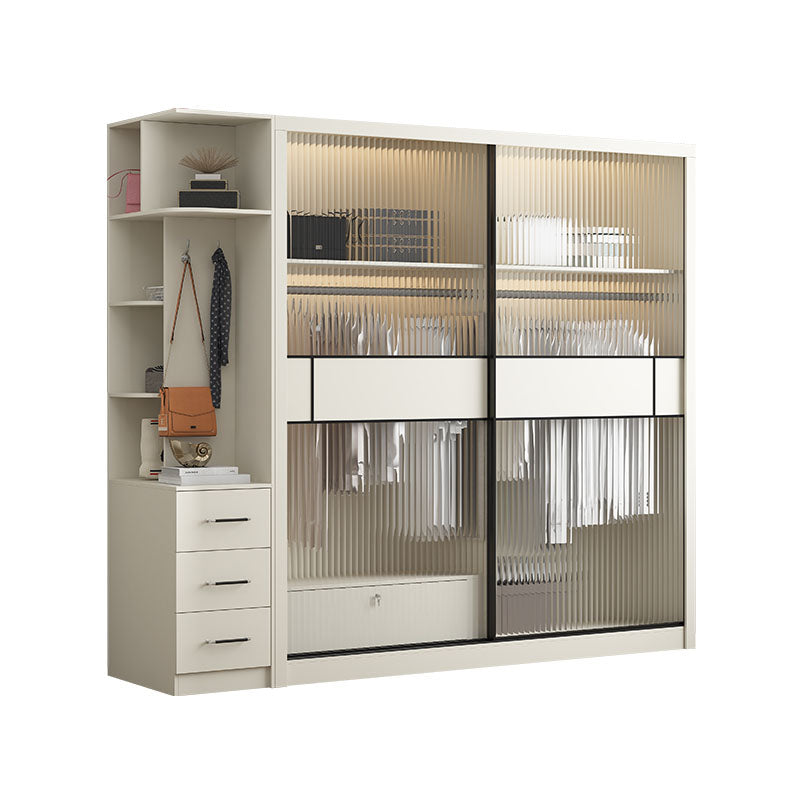 Modern White Wardrobe with Glass Doors Bedroom Cabinet with Sliding Doors