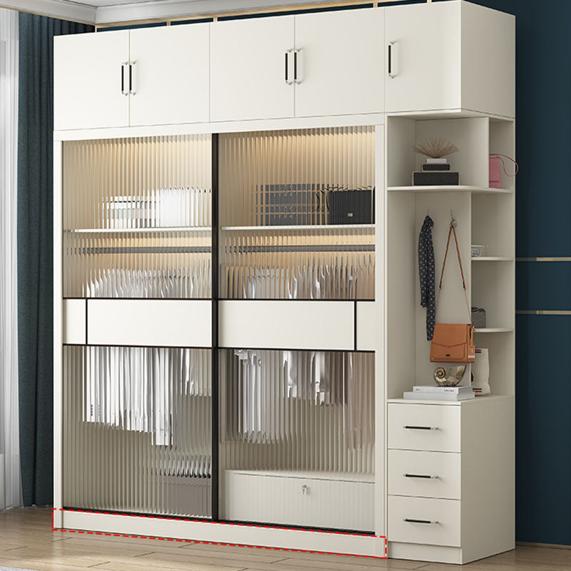Modern White Wardrobe with Glass Doors Bedroom Cabinet with Sliding Doors