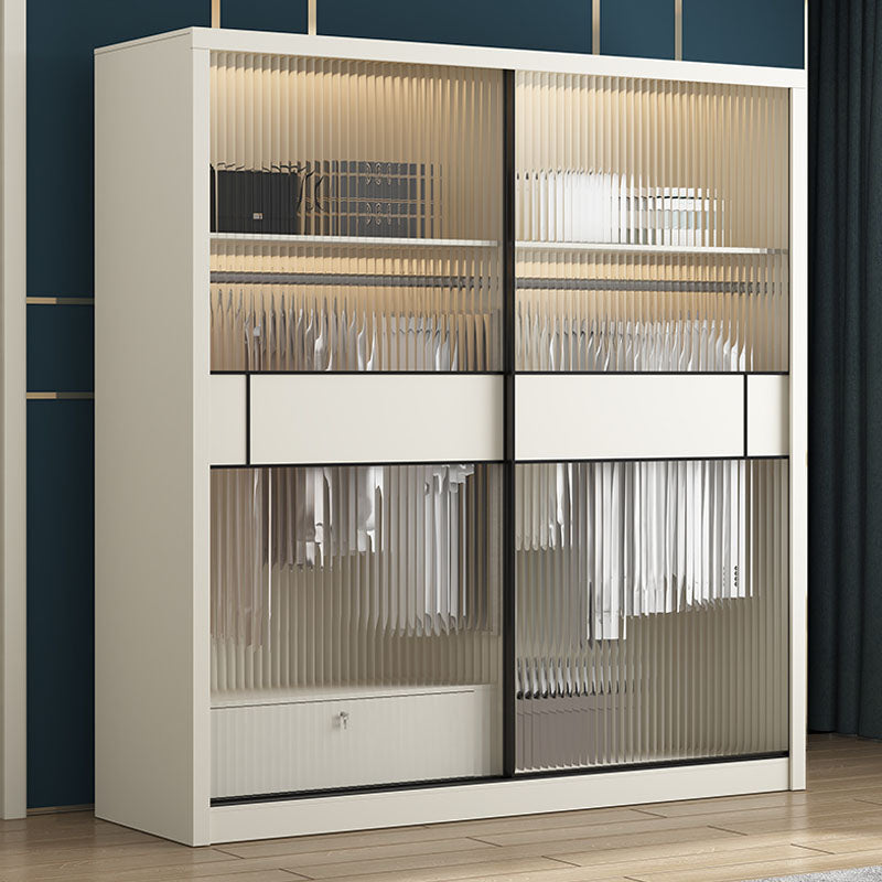 Modern White Wardrobe with Glass Doors Bedroom Cabinet with Sliding Doors