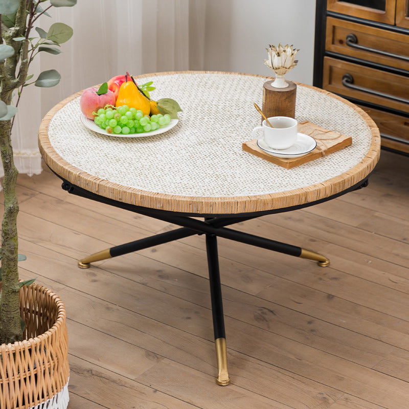 Cross Legs Round Glass Coffee Cocktail Table with Rattan Accent