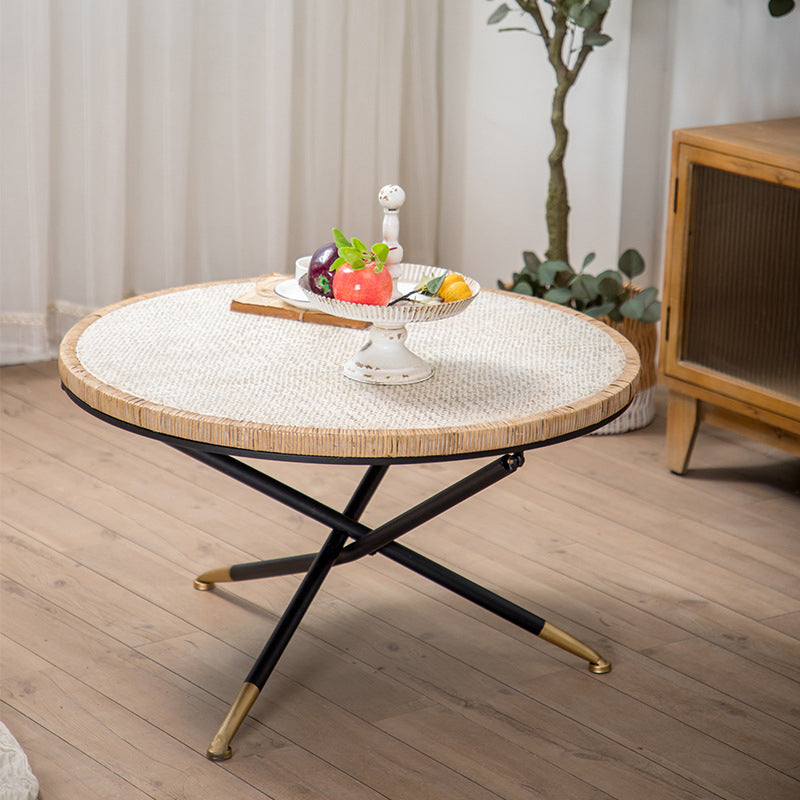 Cross Legs Round Glass Coffee Cocktail Table with Rattan Accent