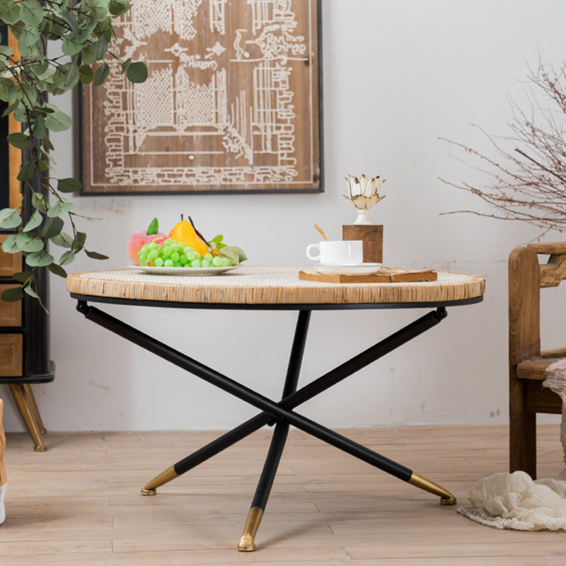 Cross Legs Round Glass Coffee Cocktail Table with Rattan Accent