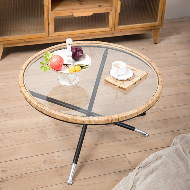 Cross Legs Round Glass Coffee Cocktail Table with Rattan Accent
