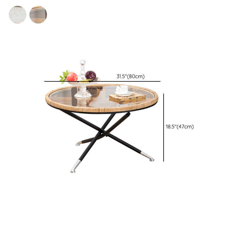 Cross Legs Round Glass Coffee Cocktail Table with Rattan Accent