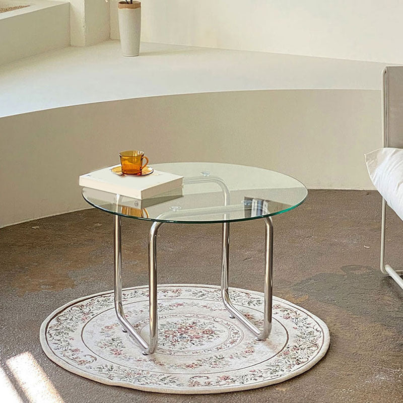 Round Glass Top Coffee Table Stainless Steel Sled Base Cocktail Table