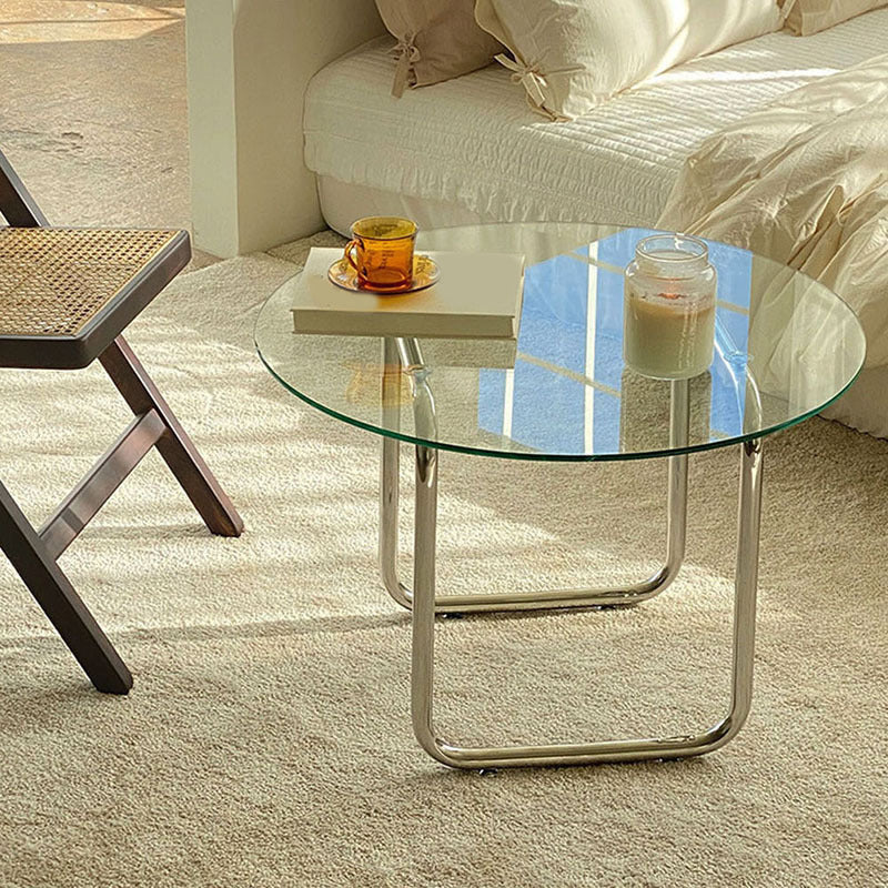Round Glass Top Coffee Table Stainless Steel Sled Base Cocktail Table