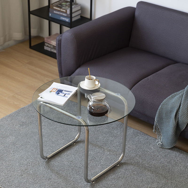 Round Glass Top Coffee Table Stainless Steel Sled Base Cocktail Table