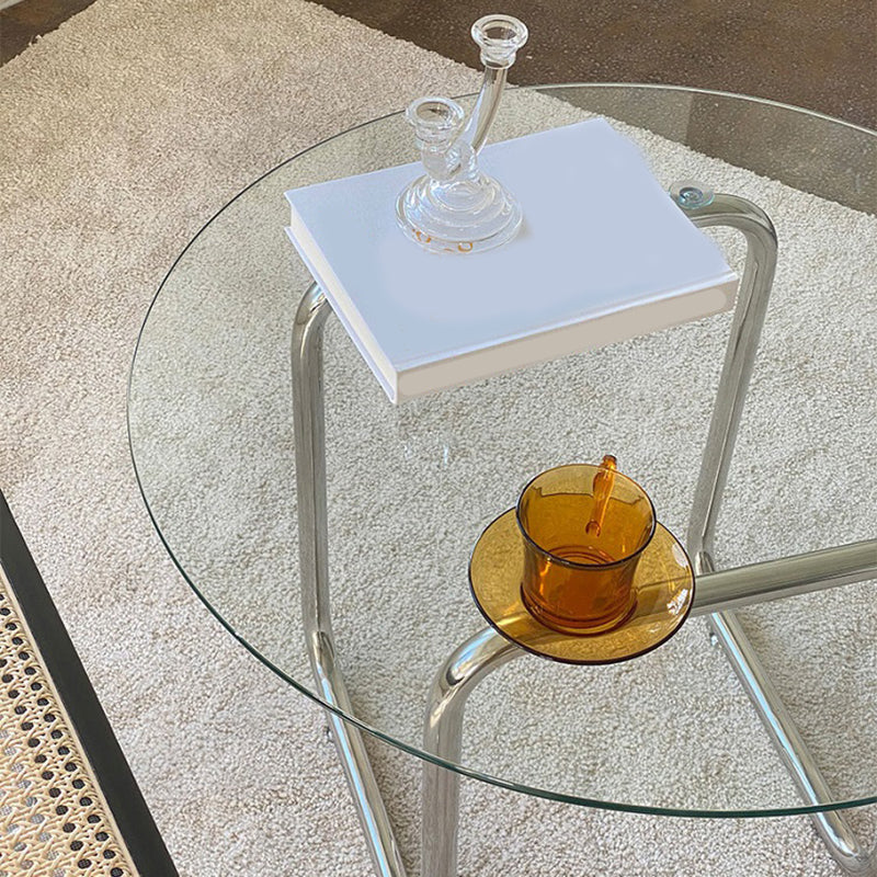 Round Glass Top Coffee Table Stainless Steel Sled Base Cocktail Table