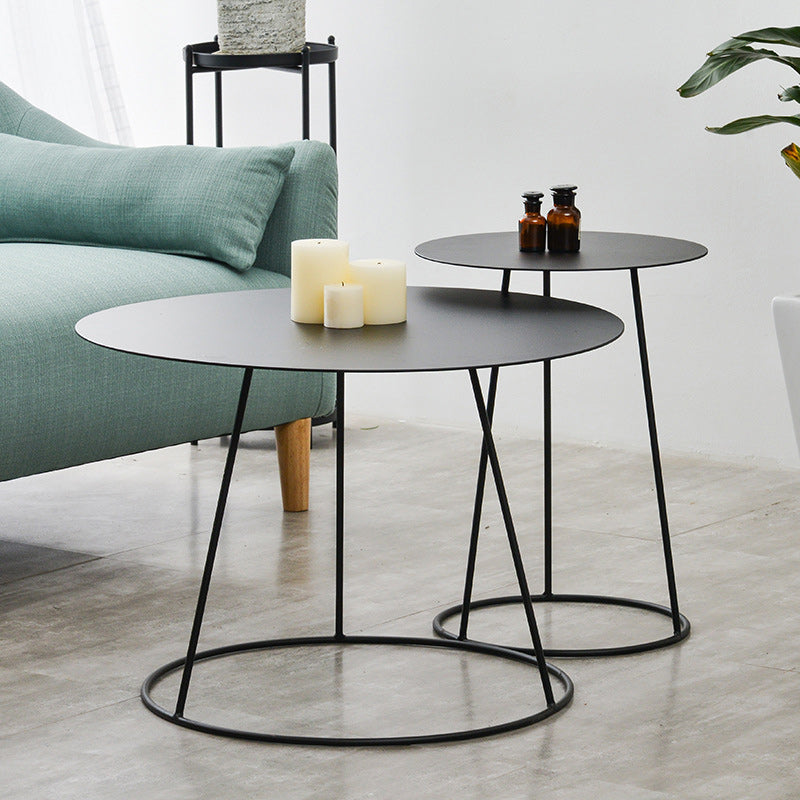 Mid-Century Modern Iron Coffee Table Set Black Finish Round Cocktail Table